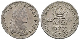 Louis XV 1715-1774
1/6 Écu XX - S de France-Navarre, Grenoble, 1719 Z, AG 3.99 g.
Ref : G. 295 (R4)
Conservation : presque TTB. Rarissime