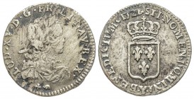 Louis XV 1715-1774
1/6 Écu de France, Bourges, 1721 Y, AG 3.89 g.
Ref : G. 297 (R)
Conservation : TB, nettoyé