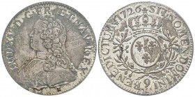 Louis XV 1715-1774
Écu aux branches d'olivier, Rennes, 1726 9, AG 29.5 g.
Ref : G. 321
Conservation : PCGS AU55. Magnifique exemplaire doté de tout so...