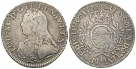 Louis XV 1715-1774
Écu aux branches d'olivier, Bayonne, 1728 L, AG 28.74 g.
Ref : G. 321 (R)
Conservation : TB-TTB