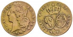 Louis XV 1715-1774
Double Louis d'or au bandeau de Béarn, Pau, 1759, faux d'époque, AU 8.76 g.
Ref : G. 346a, Fr. 463
Conservation : TB+. Rarissime