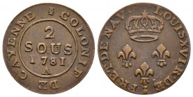 Louis XVI, 1774-1793
Colonies Française, 2 Sous de Cayenne, 1781 A,Cuivre 1.73 g.
Ref : Lecompte 12
Conservation : SUP. Rare