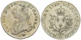 Louis XVI 1774-1792
Écu aux branches d'olivier, Perpignan, 1780 Q, AG 29.32 g.
Ref : G.356 (R4)
Conservation : coup sur la tranche sinon TTB. Rarissim...