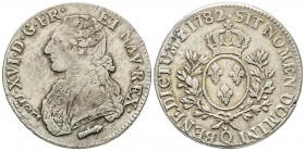 Louis XVI 1774-1792
Écu aux branches d'olivier, Perpignan, 1782 Q, AG 29.49 g.
Ref : G.356 
Conservation : cassure de coin, TB-TTB