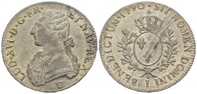 Louis XVI 1774-1792
Écu aux branches d'olivier, Limoges, 1790 I, AG 29.19 g.
Ref : G.356 
Conservation : presque Superbe