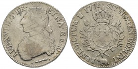 Louis XVI 1774-1792
Écu de Béarn aux branches d'olivier, Pau, 1778, AG 29.09 g.
Ref : G.356a (R)
Conservation : TB