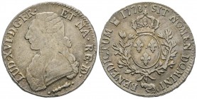 Louis XVI 1774-1792
Écu de Béarn aux branches d'olivier, Pau, 1778, AG 29.09 g.
Ref : G.356a (R)
Conservation : presque TTB.