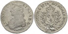 Louis XVI 1774-1792
Écu de Béarn aux branches d'olivier, Pau, 1779, AG 29.12 g.
Ref : G.356a 
Conservation : TB-TTB