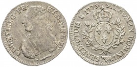 Louis XVI 1774-1792
Écu de Béarn aux branches d'olivier, Pau, 1779, AG 29.10 g.
Ref : G.356a 
Conservation : presque TTB