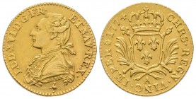 Louis d'or aux palmes, Paris, 1774 A, AU 8.13 g.
Ref : G. 358 (R4). Fr. 469
Conservation : rayures sinon Superbe
