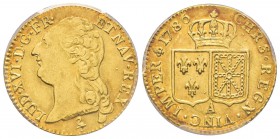 Louis XVI 1774-1792
Louis d'or à la tête nue, 1er sem., Paris, 1786 A, AU 7.6 g.
Ref : G.361, Fr. 475
Conservation : PCGS AU53