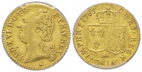 Louis XVI 1774-1792
Louis d'or à la tête nue, 2ème sem., Metz, 1787 AA, AU 8.15 g.
Ref : G.361 (R), Fr. 475
Conservation : PCGS AU53