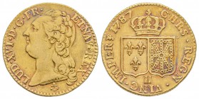 Louis XVI 1774-1792
Louis d'or à la tête nue, La Rochelle, 1787 H, AU 7.60 g.
Ref : G.361 (R), Fr. 475
Conservation : TTB+