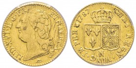 Louis XVI 1774-1792
Louis d'or à la tête nue, 1er sem., Montpellier, 1787 N, AU 8.15 g.
Ref : G.361 (R2), Fr. 475
Conservation : PCGS AU50. Rare