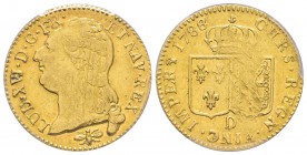 Louis XVI 1774-1792
Louis d'or à la tête nue, 2ème sem., Lyon, 1788 D, 8 sur 7 AU 8.15 g.
Ref : G.361 (R2), Fr. 475
Conservation : PCGS AU55. Rare et ...