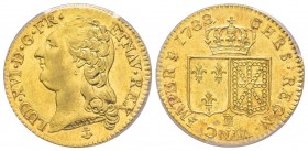 Louis XVI 1774-1792
Louis d'or à la tête nue, 1er sem., La Rochelle, 1788 H, 8 sur 7 AU 8.15 g.
Ref : G.361 (R2), Fr. 475
Conservation : PCGS MS61
