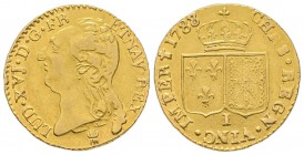Louis XVI 1774-1792
Louis d'or à la tête nue, Limoges, 1788 I, 8 sur 7, AU 7.65 g.
Ref : G.361 (R2), Fr. 475
Conservation : TTB. Faux d'époque?