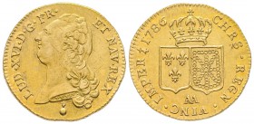 Louis XVI 1774-1792
Double Louis d'or à la tête nue, Metz 1786 AA, AU 15.27 g.
Ref : G.363 (R), Fr. 474
Conservation : TTB