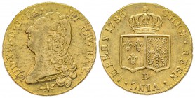 Louis XVI 1774-1792
Double Louis d'or à la tête nue, Lyon, 1786 D, AU 15.29 g.
Ref : G.363, Fr. 474
Conservation : presque Superbe