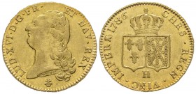 Louis XVI 1774-1792
Double Louis d'or à la tête nue, La Rochelle, 1786 H, AU 15.13 g.
Ref : G.363 (R2), Fr. 474
Conservation : presque TTB. Rare