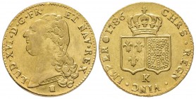 Louis XVI 1774-1792
Double Louis d'or à la tête nue, 1er sem., Bordeaux, 1786 K, AU 15.2 g.
Ref : G.363 (R), Fr. 474
Conservation : TTB