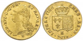 Louis XVI 1774-1792
Double Louis d'or à la tête nue, 1er sem., Bordeaux, 1786 K, AU 15.29 g.
Ref : G.363 (R), Fr. 474
Conservation : PCGS AU55