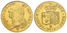 Louis XVI 1774-1792
Double Louis d'or à la tête nue, 2ème sem., Bordeaux, 1786 K, AU 15.29 g.
Ref : G.363 (R), Fr. 474
Conservation : PCGS AU58