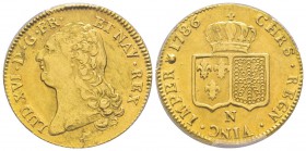 Louis XVI 1774-1792
Double Louis d'or à la tête nue, Montpellier, 1786 N, AU 15.29 g.
Ref : G.363 (R), Fr. 474
Conservation : PCGS AU58. Superbe