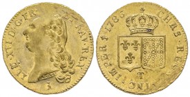 Louis XVI 1774-1792
Double Louis d'or à la tête nue, 1 er sem., Nantes, 1786 T, AU 15.16 g.
Ref : G.363 (R), Fr. 474
Conservation : TTB+