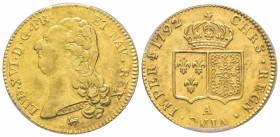 Louis XVI 1774-1792
Double Louis d'or à la tête nue, 2ème sem., Paris, 1792 A, 2 sur 1, AU 15.29 g.
Ref : G.363 (R2), Fr. 474
Conservation : PCGS AU58...