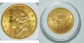 1883 USA Liberty Head Morgan Dollar and 1904 Liberty Head - Double Eagle $20 Gold coin. Latter 34mm, 33.4g.

1883年美國“自由女神像”摩根銀幣及1904年“自由女神像 - 雙鷹”20元...