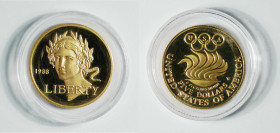 1988 USA "Olympic" gold $5 (KM223). West Point mint. 21.59mm, 8.359g. Gold bullion dated after 1900 is entitled to concessionary buyers’ premium of 10...