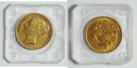1864 Britain QV gold "Shield" Sovereign (KM736.2). Royal mint. 22mm, 7.988g. AGW: 0.2355oz.

1864年英國維多利亞女王像1索維林（Sovereign）金幣，KM-736.2，皇家造幣廠，重7.988g。...