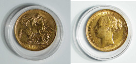 1872 Britain QV "St George" gold Sovereign (KM752). Royal mint. 22mm, 7.988g. AGW: 0.2355oz.

1872年英國維多利亞女王像聖喬治1索維林馬劍金幣，KM-752，皇家造幣廠，重7.988g。總含金量0.2...