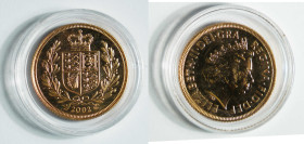 2002 Britain QEII Golden Jubilee gold Sovereign (KM1026). Royal mint. 22mm, 7.988g. AGW: 0.1176oz. Gold bullion dated after 1900 is entitled to conces...