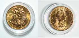 1957 Britain QEII gold Sovereign (KM908). Royal mint. 22mm, 7.988g. AGW: 0.2355oz. Gold bullion dated after 1900 is entitled to concessionary buyers’ ...