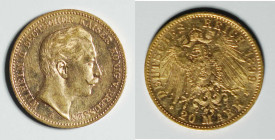 1889 Germany Wilhelm II gold 20 Mark (KM516). Berlin mint. 23mm, 7.965g. AGW: 0.2305oz.

1889年德國威廉二世像20馬克金幣，KM-516，柏林造幣廠，重7.965g。總含金量0.2305盎司。...