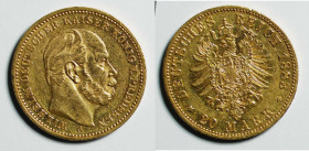 1883 Germany Wilhelm I gold 20 Mark (KM505). Berlin Mint. 23mm, 7.965g. AGW: 0.2305oz.

1883年德國威廉一世像20馬克金幣，KM-505，柏林造幣廠，重7.965g。總含金量0.2305盎司。...