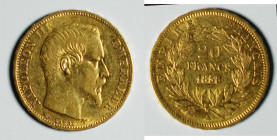 1858 France Napoleon III gold 20 Francs (KM781.2). Strasbourg mint. 21.5mm, 6.452g. AGW: 0.1867oz.

1858年法國拿破侖三世像20法郎金幣，頭像無桂冠，KM-781.2，F-531，斯特拉斯堡造幣...