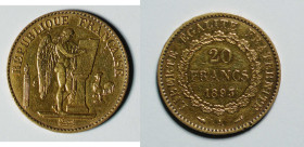 1893 France gold 20 Francs (KM825). Paris mint. 21.5mm, 6.452g. AGW: 0.1867oz.

1893年法國幸運天使20法郎金幣，KM-825，Gad-1063，巴黎造幣廠，重6.452g。總含金量0.1867盎司。...