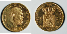 1877 Netherlands Willem III 10 gold gulden (KM106). 22.5mm, 6.729g. AGW: 0.1947oz.

1877年荷蘭威廉三世像10盾金幣，KM-106，烏德勒支造幣廠，重6.729g。總含金量﹕0.1947盎司。...