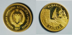 1987 Albania "Seaport of Durazzo" gold 100 Leke (KM59). Hungarian mint. 21.5mm, 6.45g. AGW: 0.1866oz. Gold bullion dated after 1900 is entitled to con...