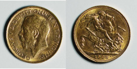 1923 Australia KGV gold Sovereign (KM29). 22mm, 7.988g. AGW: 0.2355oz. Mintage: 416,000. Gold bullion dated after 1900 is entitled to concessionary bu...