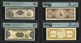 1949 Central Bank of Philippines 5 pesos and 10 pesos (P-135e, 136e). PMG Superb Gem Unc 67 EPQ and Choice Uncirculated 64.

1949年菲律賓中央銀行5披索及10披索。PM...