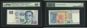 1999 Singapore Board of Commissioners of Currency 50 Dollars, with ascending serial no.: OBK123456. PMG Gem Uncirculated 66 EPQ.

1999年新加坡貨幣發行局50元，順...