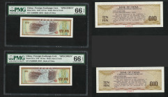 1979 Bank of China Foreign Exchange Certificate 10 Fen Specimen x2, both with solid 0 serial no. Both PMG Gem Uncirculated 66 EPQ.

1979年中國銀行外匯兌換券壹角...
