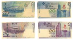 2008 Bank of China (Hong Kong) and Banco da China Beijing Olympics $20 commemorative note pair, plus a pair of gold foil banknotes of the same types. ...