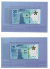 2022 Bank of China (Hong Kong) Beijing Winter Olympic $20 commemorative note in a pair, with consecutive serial nos AB509871 and AB509872. Both UNC wi...