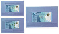 2022 Bank of China (Hong Kong) Beijing Winter Olympic $20 commemorative note in a group of 3, with serial nos AB209884, AB609985 and AB509886. All UNC...