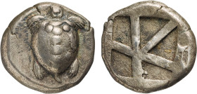 MONETE GRECHE. EGINA (500-431 a.C.) STATERE Ar. 12,28 gr. 20 mm. Bb.
D: Tartaruga marina.
R: Quadrato incuso e partito.

Bibliografia:
Dewing 167...